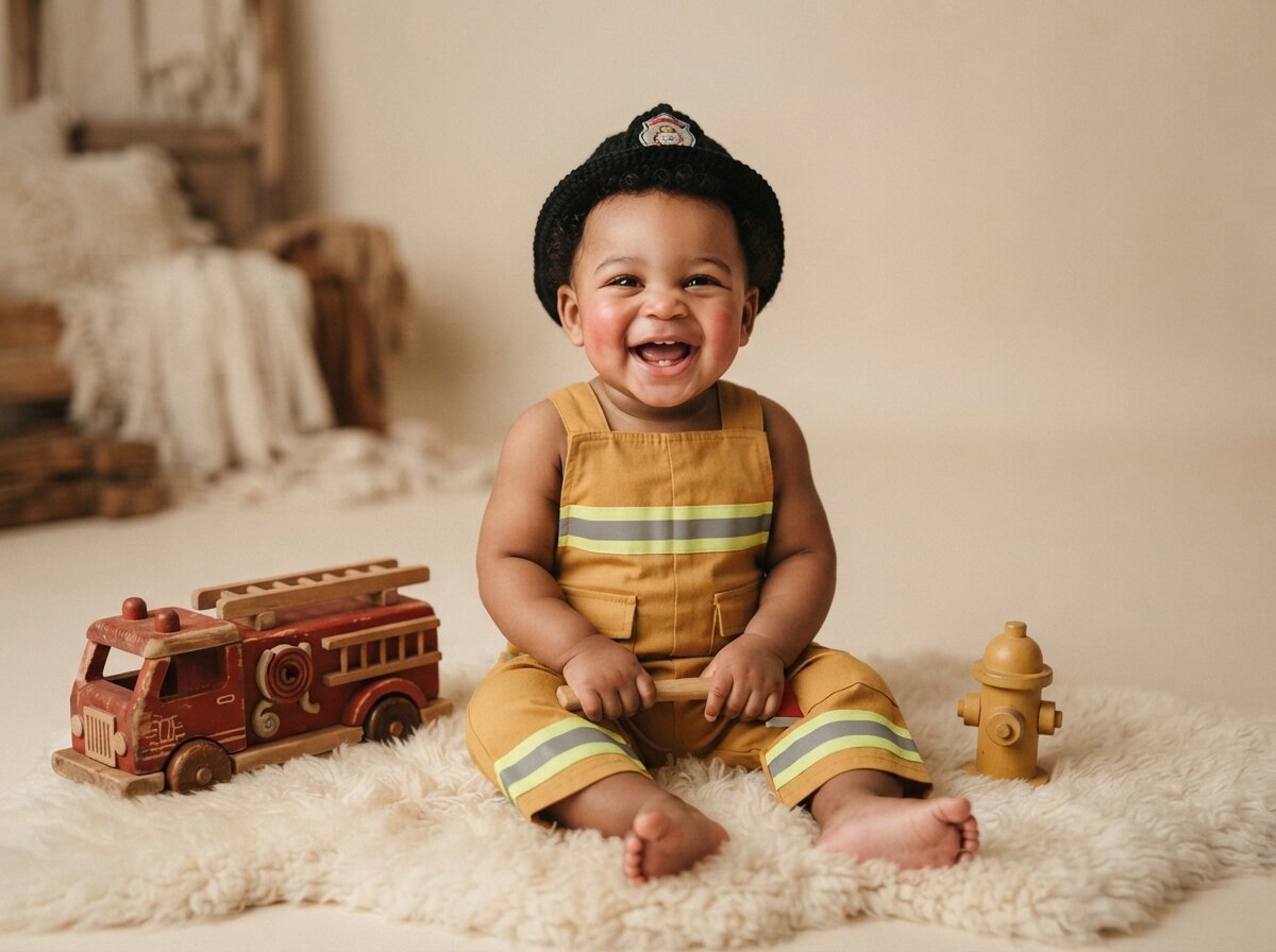 Little Firefighter & Vintage Fire Truck